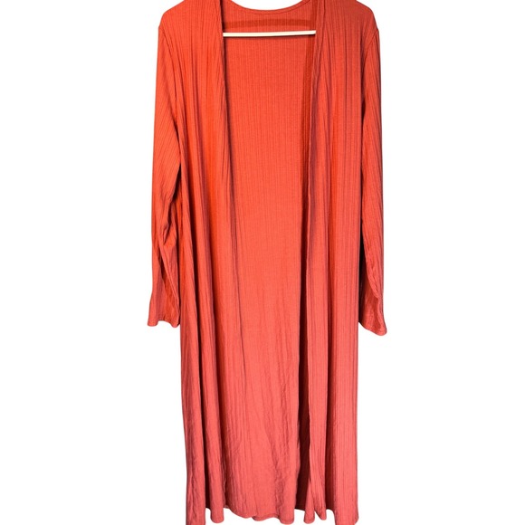 Sweaters - Rust Orange Ribbed Knit Open Front Duster Cardigan Long Sleeve Midi Length Women